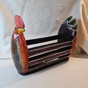 Folk Art Wood Rooster Hand Painted Carved Basket
